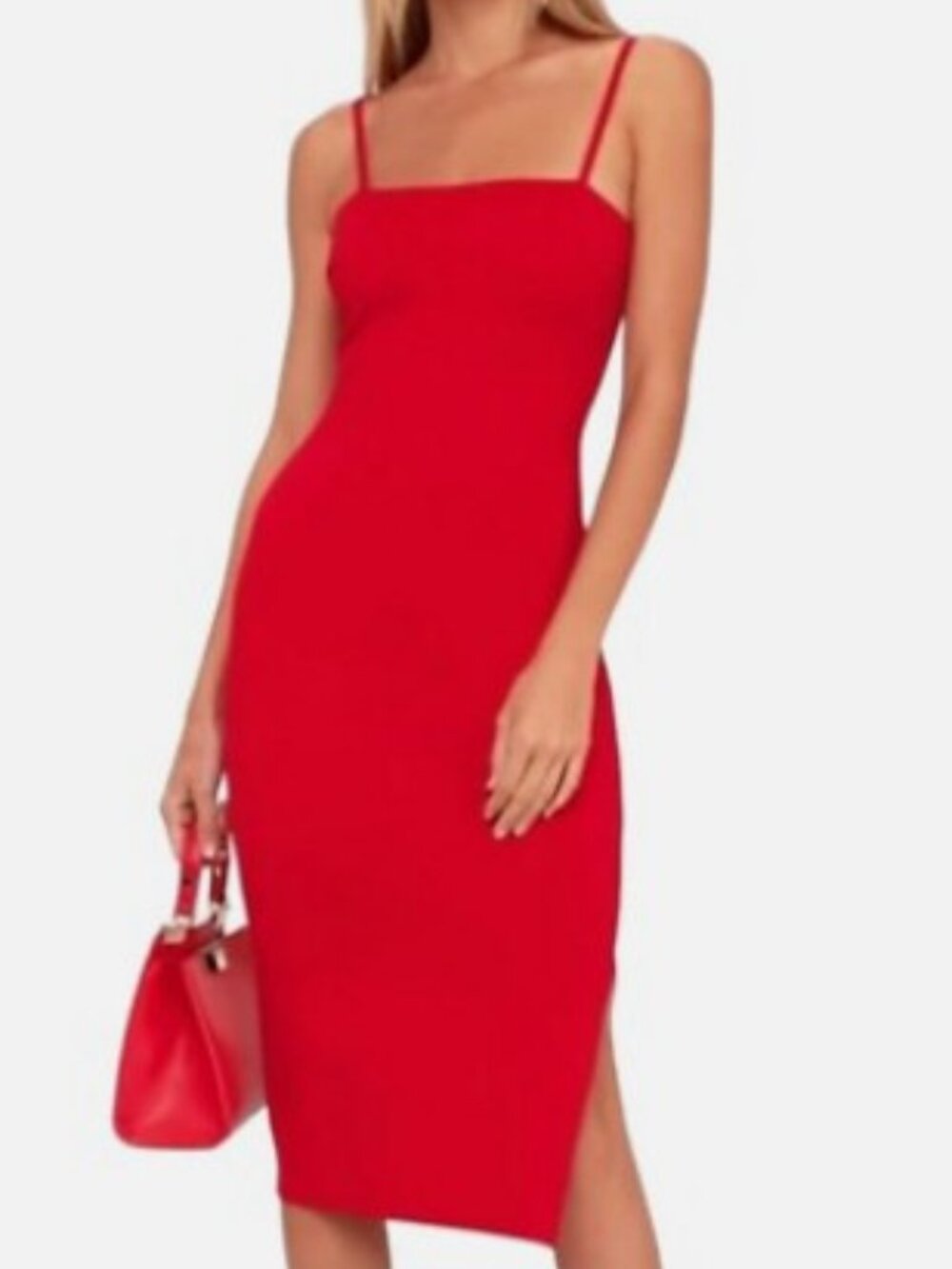 Lulus Paulina Red Bodycon Midi Dress Square Neck Slit Size Small S 2-4